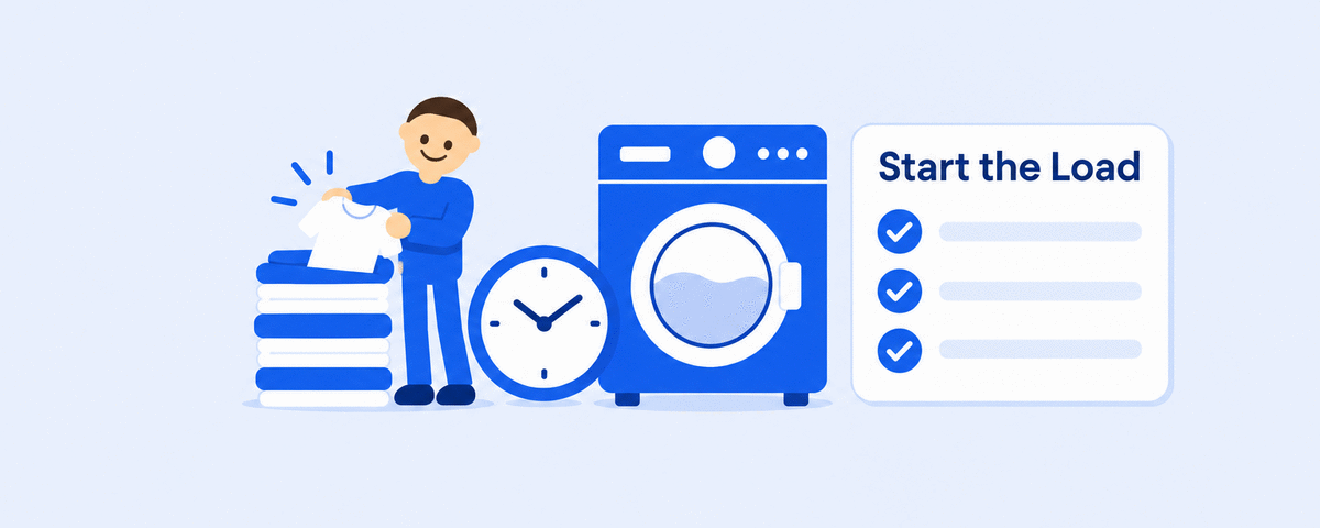A laundry pile, clock, and checklist illustrating laundry procrastination