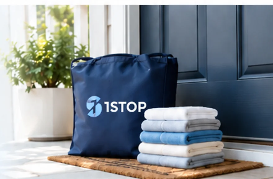 Navy 1Stop Laundry bag beside a stack of freshly folded towels at a doorstep