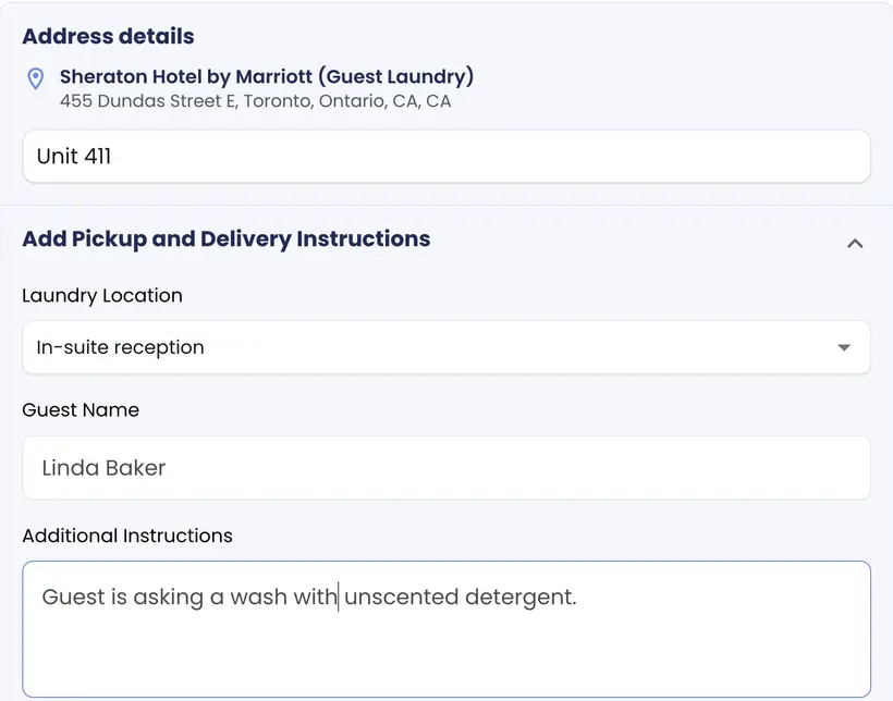 1StopLaundry mobile booking screen for a guest laundry pickup