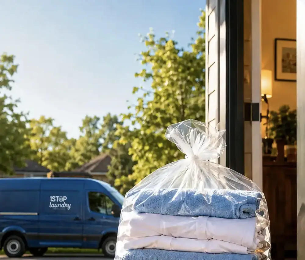 Folded guest laundry ready for delivery as a 1StopLaundry van arrives at a hotel