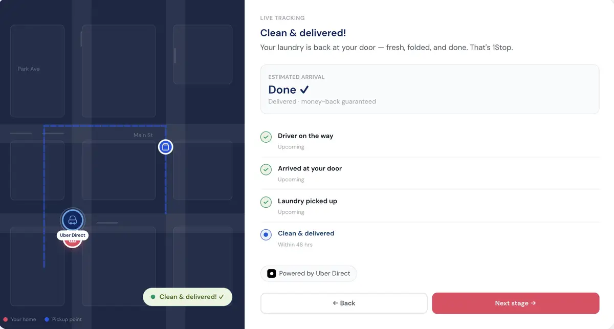 1StopLaundry order tracking screen showing guest laundry progress