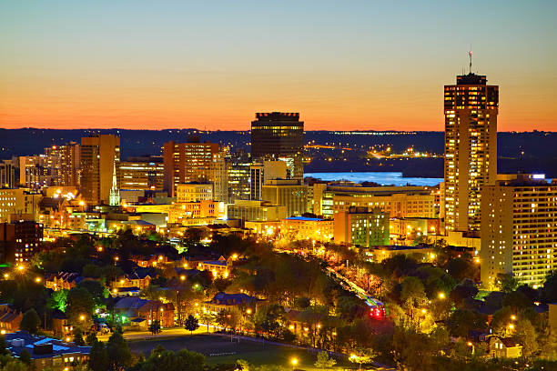 View of downtown Hamilton, Ontario in the evening.