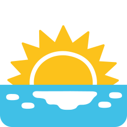Stylized sunrise over a blue ocean, with a yellow sun just above the horizon and white sea foam.