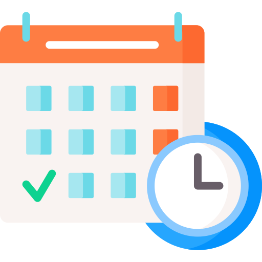 Calendar with a green checkmark and clock indicating a scheduled appointment or date and time.