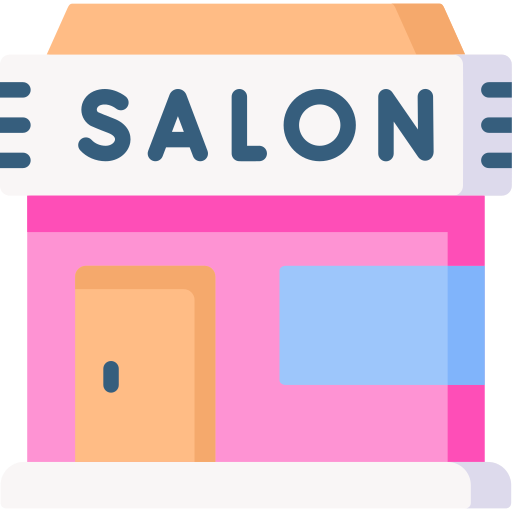 Front of a pink salon building with a white sign reading SALON, orange door and blue window panes.