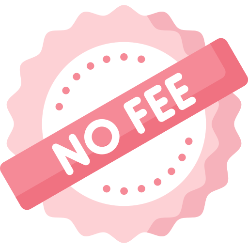 Badge-style graphic with a pink ribbon saying 'NO FEE' over a pale pink circular seal, indicating no charges or fees.