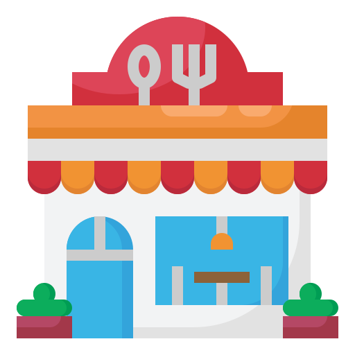 Illustrated bakery storefront with a red awning, utensils on a decorative sign, blue entrance, and potted plants.
