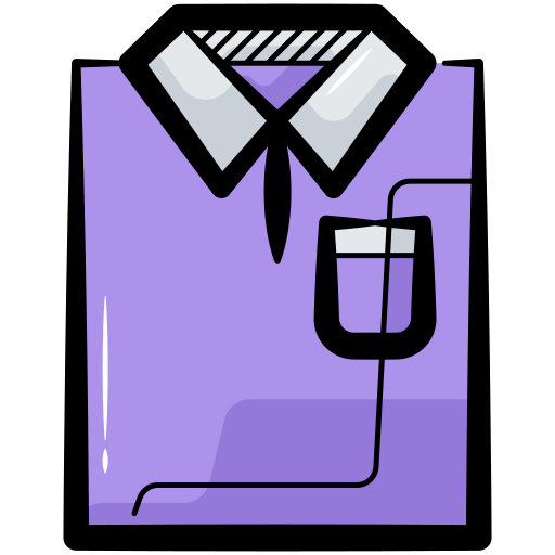 Stylized purple shirt with a striped collar and a glass with a straw connected by a line.