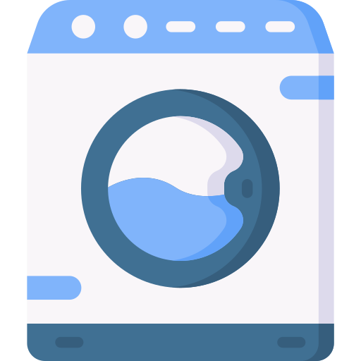 Front-loading washing machine illustration with a blue control panel and door window.
