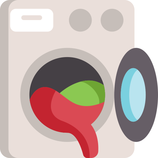 Cartoon front-loading washing machine with door open and a red tongue inside.
